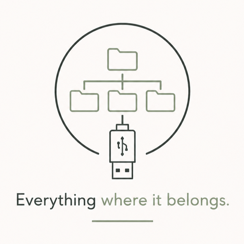 Logo - Main Eren's digital file organization logo - folder hierarchy connected to a USB drive with the tagline everything where it belongs